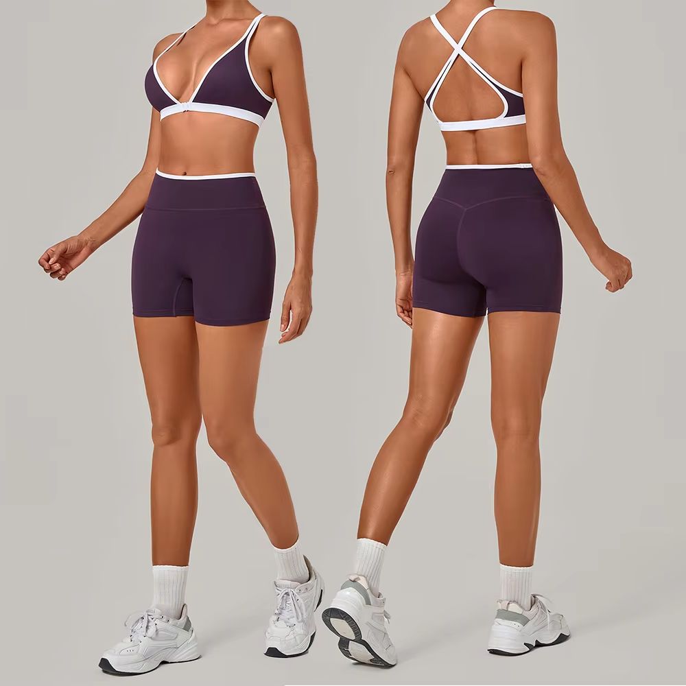 Crossfit Workout With Equipment - 女性用2ピースヨガセット ディープVネック クロスバック スポーツブラ ハイウエスト ストレッチ
