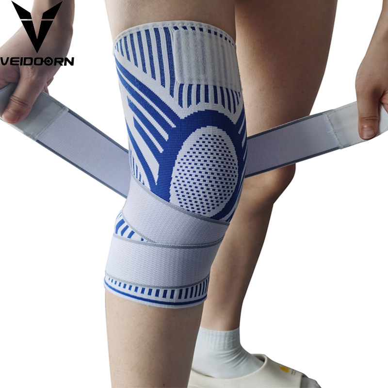 Gear For Crossfit - 1PC 男性圧縮スポーツクロスフィット膝パッドフィットネスギア弾性バスケットボールバレーボール膝ブレースとロングストラップ